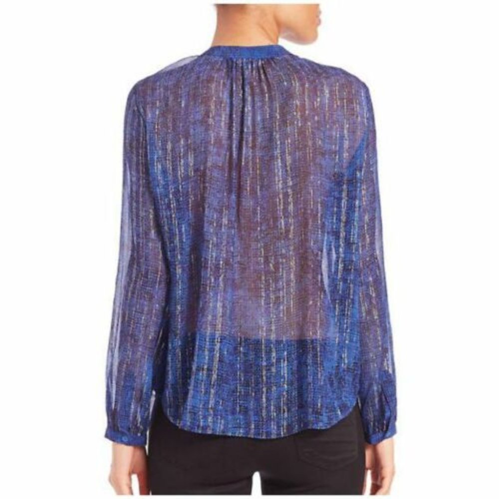 REBECCA TAYLOR New Sheer Metallic SILK Top Blouse Top Long Sleeve Blue Silver 4 - Picture 2 of 4